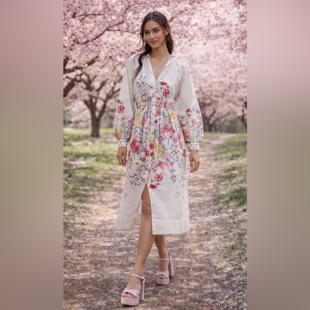 NWT Size S - Let Me Be Long-Sleeve V-Neck Floral A-Line Midi Dress (NWT US$ 178) - Picture 2 of 16